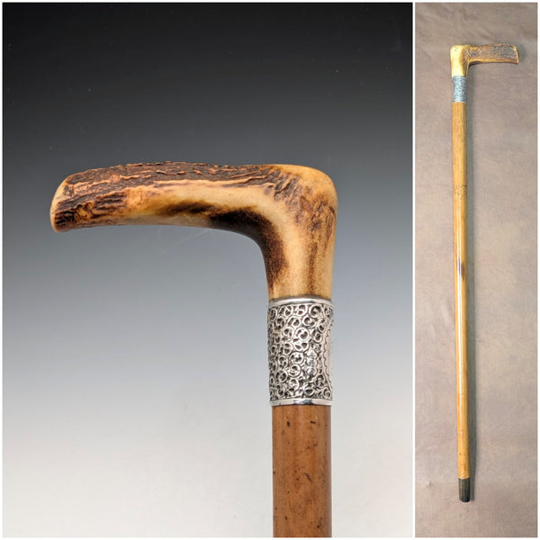 1901 British antique Malacca shaft L-shaped antler handle pure silver decorated walking stick 88cm Henry Howell